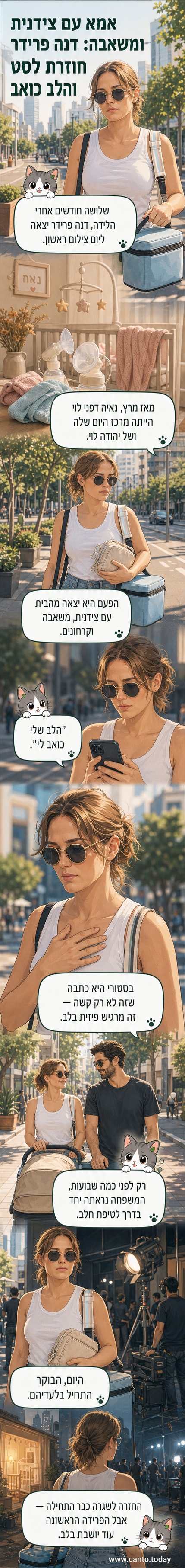 דנה פרידר עומדת ברחוב תל אביב עם צידנית, מבט עייף, טקסט על המסך: 'הלב שלי כואב'