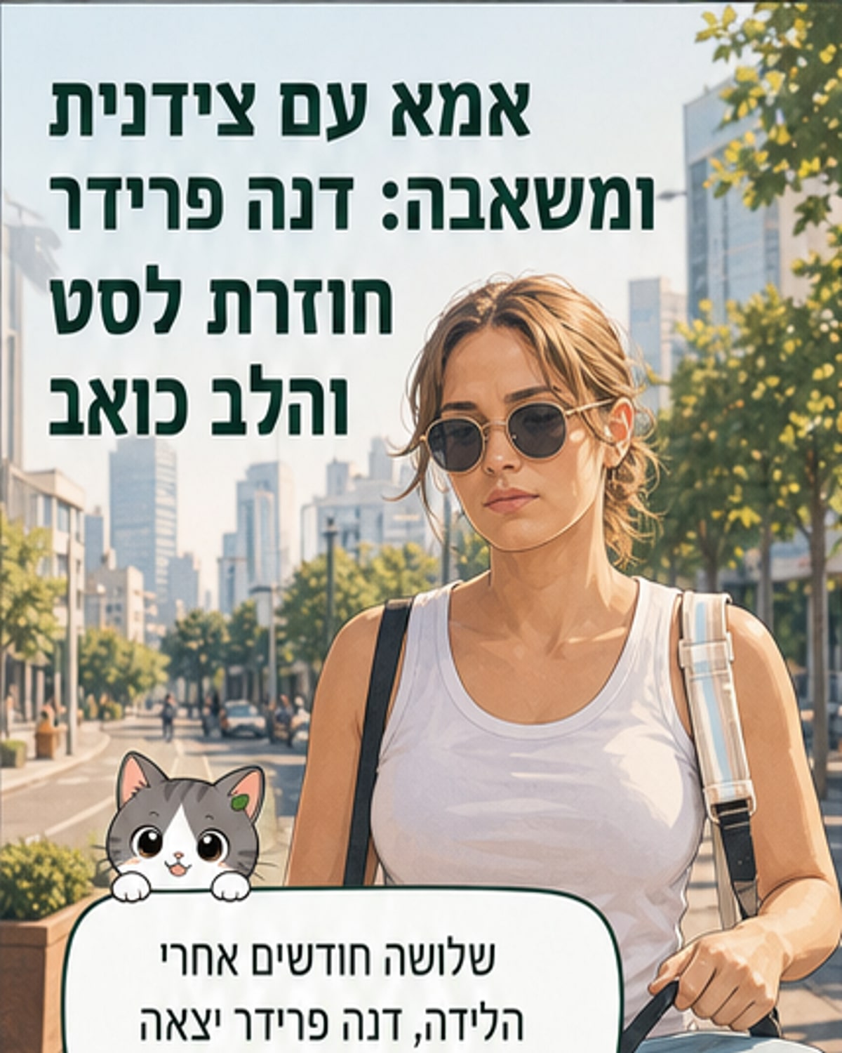 דנה פרידר עומדת ברחוב תל אביב עם צידנית, מבט עייף, טקסט על המסך: 'הלב שלי כואב'
