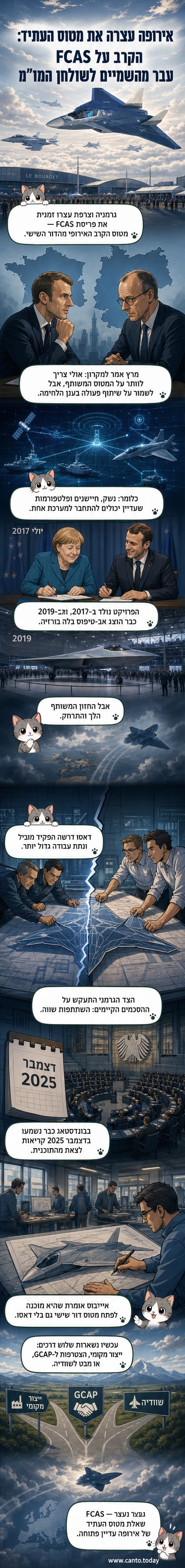 איור של מטוס קרב עתידיFCAS מרחף מעל אירופה, עם דגלי צרפת וגרמניה מתפצלים לרוחות שונות.