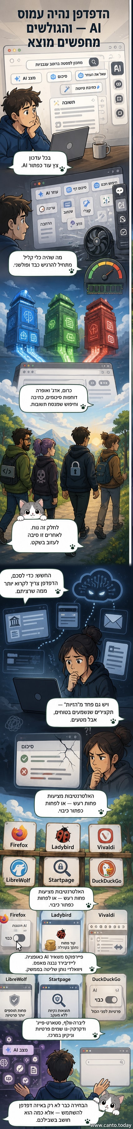איור של דפדפן עמוס בכפתורים צבעוניים של AI, מול דפדפן פשוט עם ממשק מינימליסטי