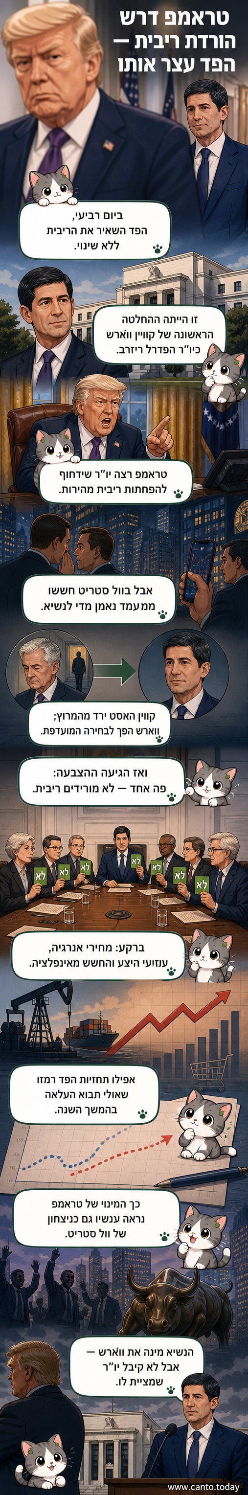 איור של קווין ווארש עומד מול גרף עלייה, עם דמותו של טראמפ ברקע וטלפונים נושמים עליו מווול סטריט