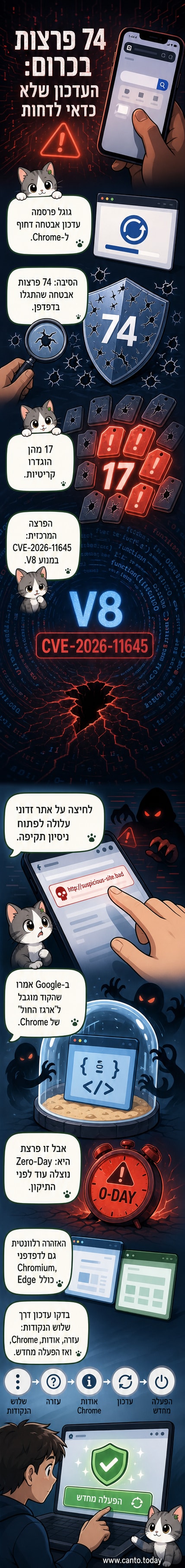 איור של דפדפן Chrome עם תגית 'עדכון דחוף' וסמל נעילה אדומה, ברקע מסך מחשב עם קוד.