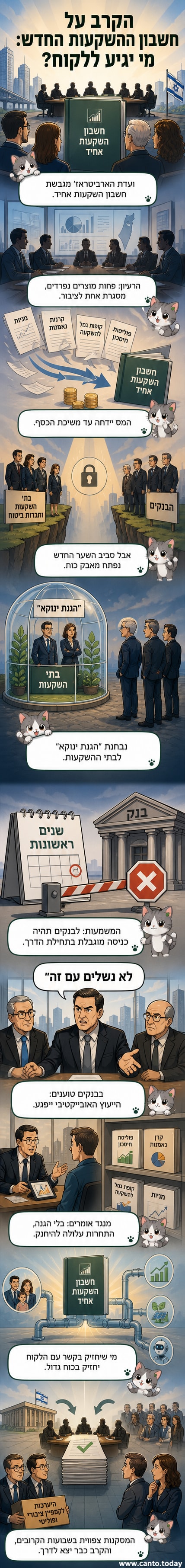 איור של שני גורמים פיננסיים מתחרים על שלט עם כיתוב 'חשבון השקעות חדש', אחד מחופש בבניין בנק והשני מחופש כבית השקעות.