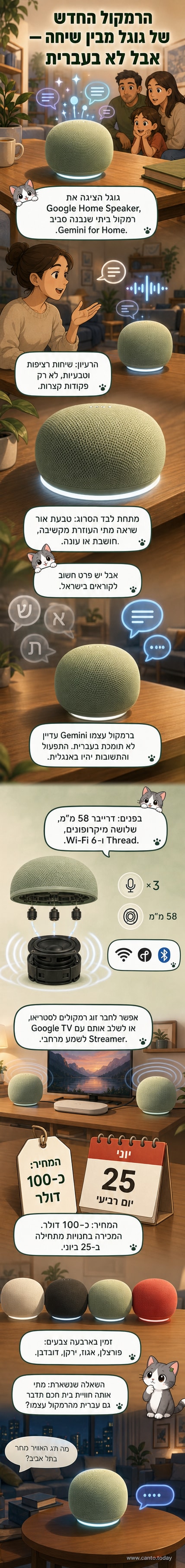 רמקול Google Home Speaker עגול בצבע פורצלן, עם טבעת אור תחתונה ותצוגה של שיח עם עוזרת Gemini.
