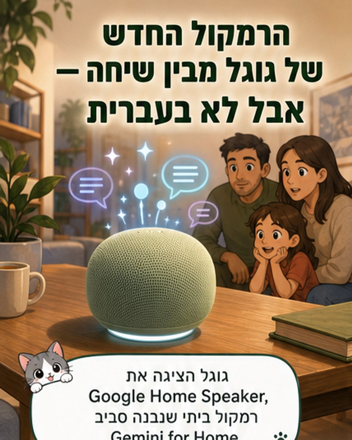 רמקול Google Home Speaker עגול בצבע פורצלן, עם טבעת אור תחתונה ותצוגה של שיח עם עוזרת Gemini.