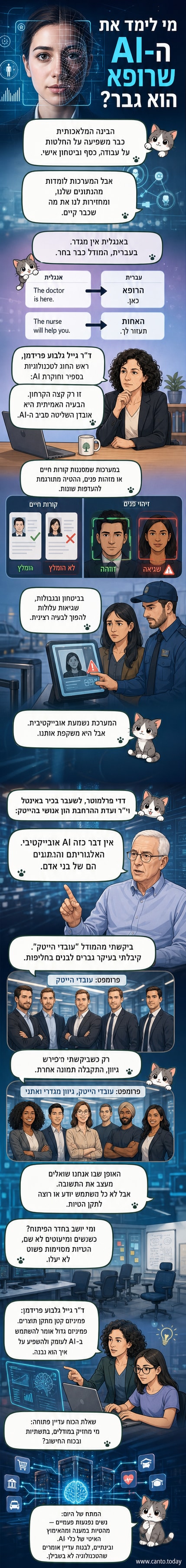 איור של שתי דמויות מול מסך מחשב: אחת מזוהה כגבר עם תג 'רופא', השנייה כאישה עם תג 'אחות', בעוד קרני אור מהמסך מציינות שהבינה המלאכותית מזהה אותם לפי סטריאוטיפים.