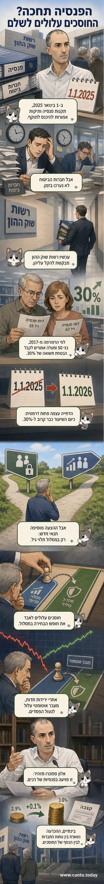 איור של אדם מבוגר שבודק את דף הפנסיה שלו, בעוד יד של רשות ממשלתית דוחפת אותו למסלול השקעה מסוים.