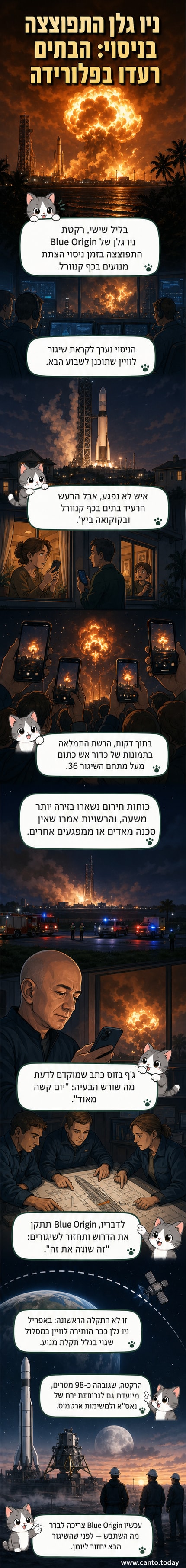 כדור אש ענק עולה לשמיים מעל חוף פלורידה לאחר פיצוץ רקטת 'ניו גלן' של Blue Origin במהלך ניסוי מנועים