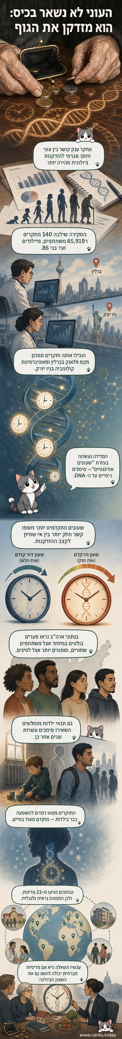 איור של גוף אדם עם שעון אפיגנטי על ה-DNA, שמציג הזדקנות מואצת עקב תנאים של עוני ואפליה