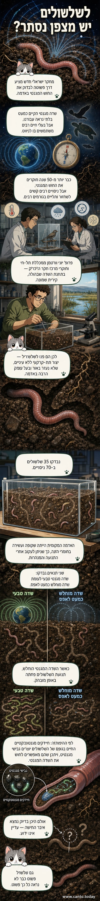 איור של שלשול זוחל באדמה שקופה, עם קווי שדה מגנטי רואים סביבו.