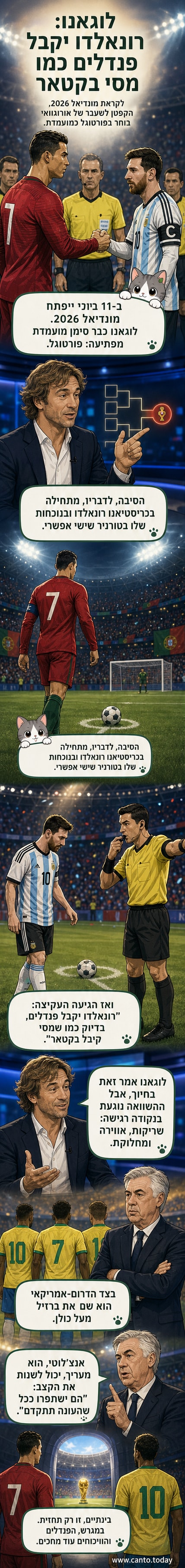 איור של כריסטיאנו רונאלדו עומד על המגרש עם כדורגל ברגלו, ברקע סמל מונדיאל 2026