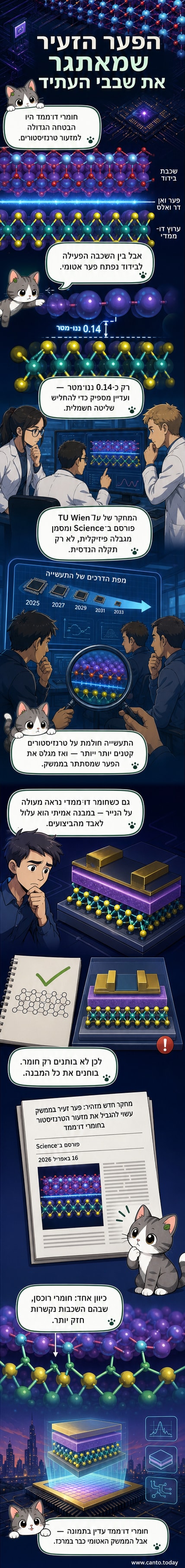 איור של טרנזיסטור עם שכבה דו־ממדית ופער זעיר מול שכבת בידוד, מודגש בקנה מידה אטומי.