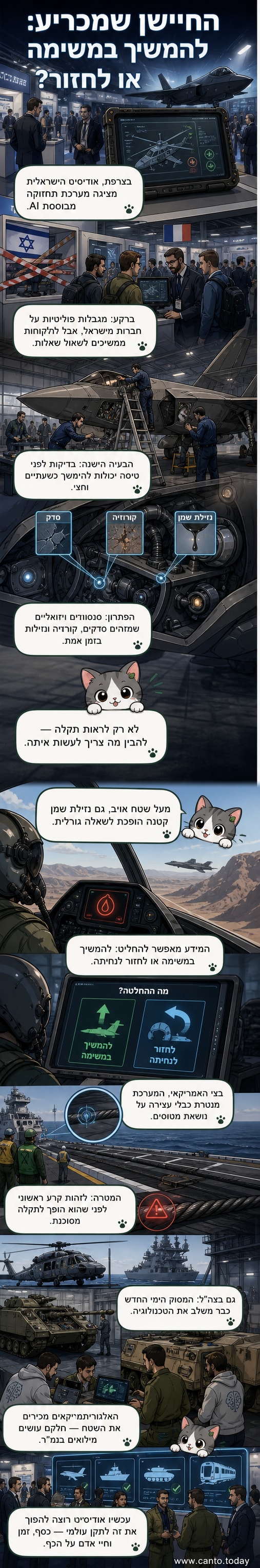 איור של מטוס F-35 מוסט על ידי צוות טכני, עם דמיינת של מערכת בינה מלאכותית המזהה סדק בכנף