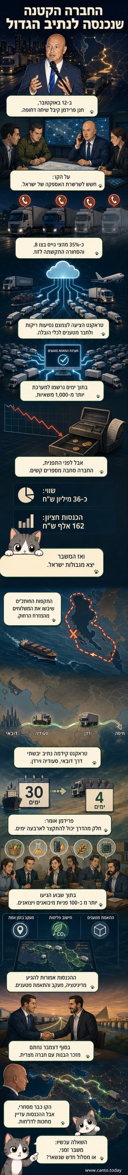 איור של משאית נוסעת לאורך נתיב בין מדינות המזרח התיכון, עם מסלול מודגש מהאמירויות דרך ירדן לישראל, ב bầuש של מלחמת חרבות ברזל ותעופה של חות'ים.