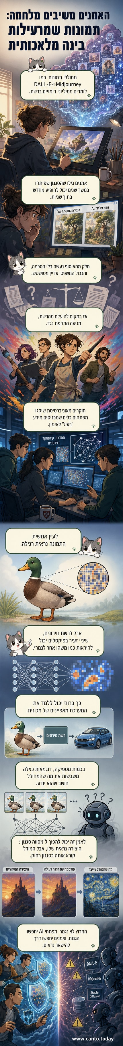 איור של אמן שמחזיק בציור ברווז, בעוד מחשב מראה תמונה של מכונית במקום זאת, כהצגה ויזואלית של שיבוש בינה מלאכותית.