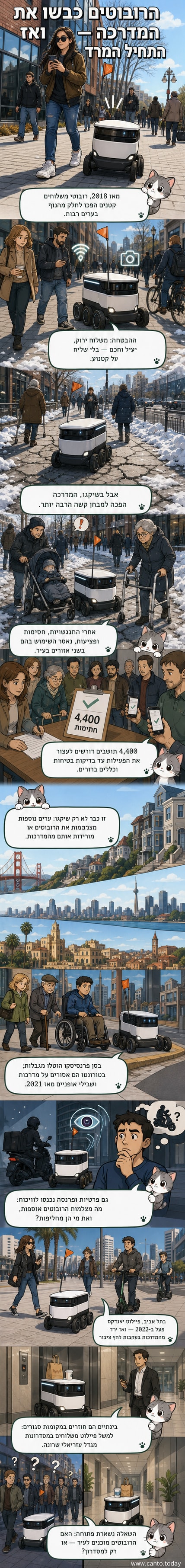 רובוט משלוחים שטוף שלג על מדרכה חסומה, עם הולכי רגל מתרחקים ברקע.