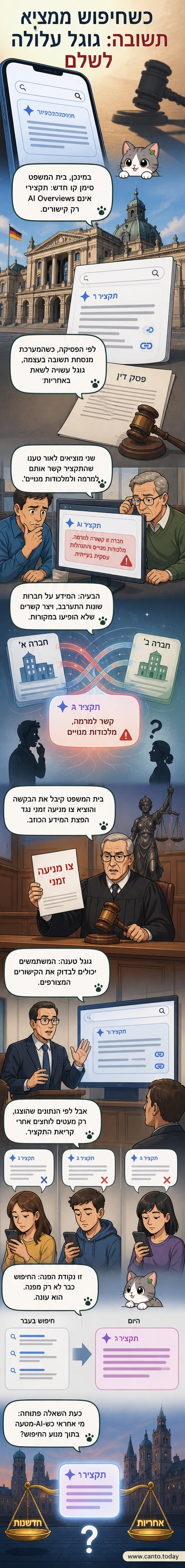 איור של לוגו גוגל עם תצוגת תקציר AI שמכיל טקסט שגוי, וסמל של בית משפט בצד.