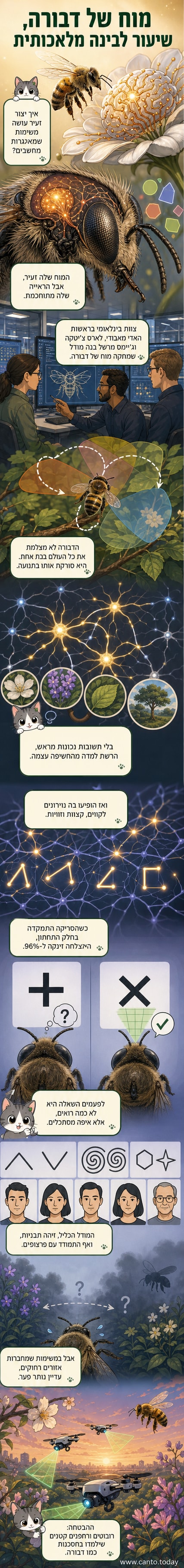 איור של דבורה עפה מול רקע של פרחים, כאשר מסביבה מופיעים קווים וצורות גאומטריות שמייצגים את תהליכי הראייה והעיבוד החזותי המתרחשים במוחה.