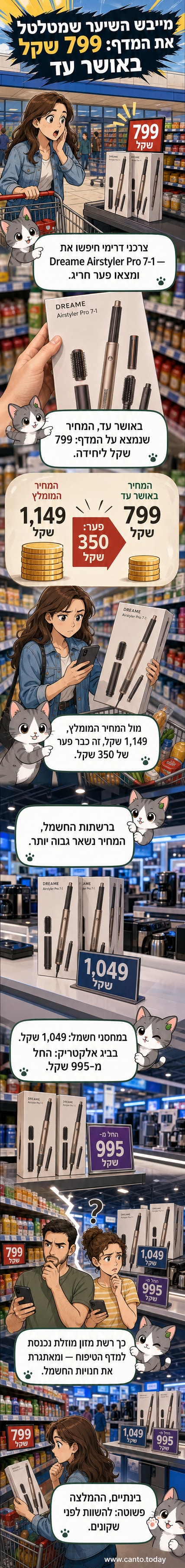 מכשיר עיצוב שיער Dreame Airstyler Pro 7-1 מוצג על רק עץ, לצד קופסת המוצר וסמל רשת אושר עד.