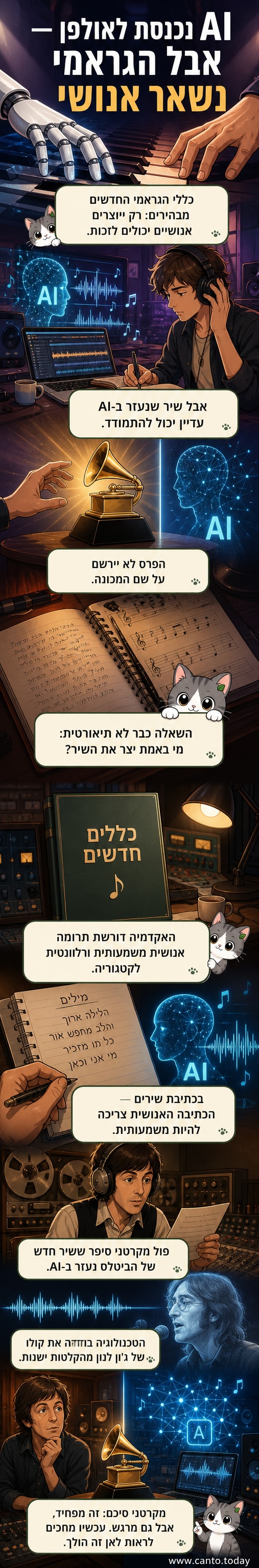 איקונografia של מיקרופון עם סמל AI וצלליות של מוזיקאים, מימין לשמאל, ברקע של סצנת חתירה מוזיקלית.