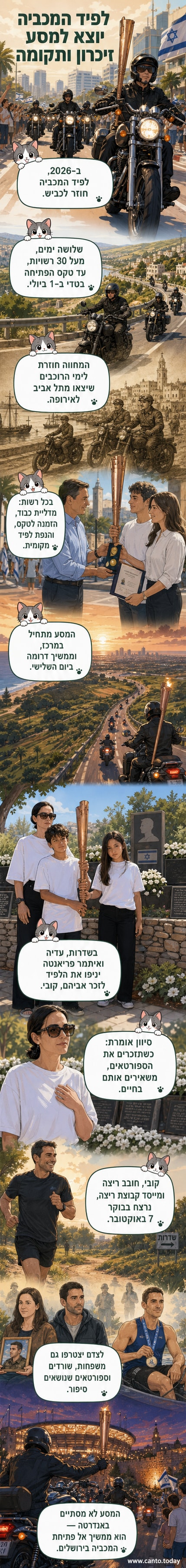 שיירת אופנועים נושאת את לפיד המכביה דרך שדרות, עם ילדי קובי פריאנטה וראש העיר אלון דוידי.