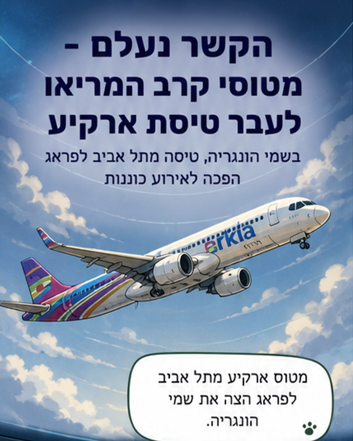 איור של מטוס נוסעים של ארקיע בשמיים עם שני מטוסי קרב הונגריים בקרבתו, בלילה מואר.