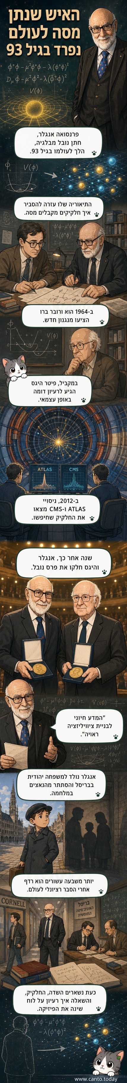 תמונת ארכיון של פרופ' פרנסואה אנגלר, פיזיקאי בלגי, עומד ליד לוח כתיבה מלא משוואות פיזיקליות