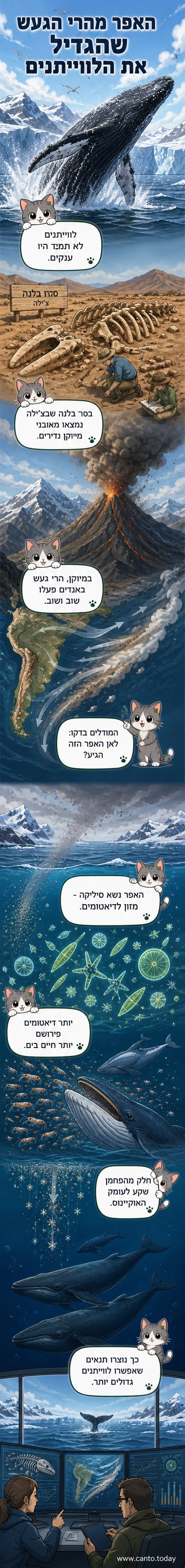 איור של לווייתן גדול-סנפיר בים, עם רקע של הרי אנדים ותפוצת געש, הממחיש את הקשר בין געשיות לאקולוגיה ימית.