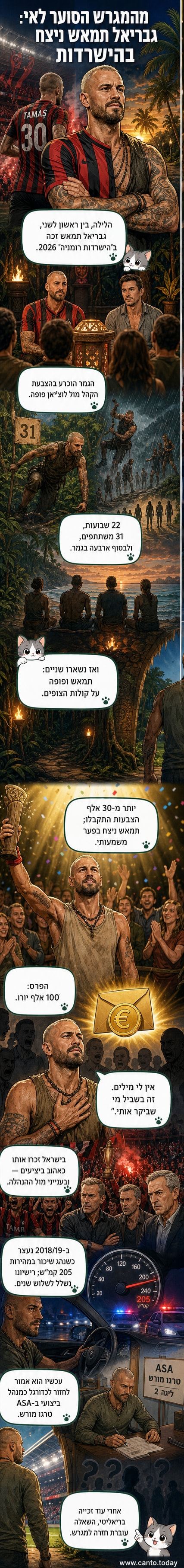 גבריאל תמאש, מלביש חולצת ישרדות, עומד על במה לאחר ניצחון בתוכנית ריאליטי בה קהל מצלם