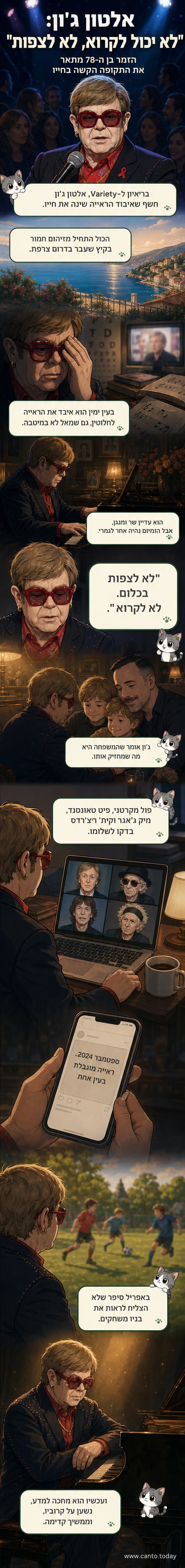 איור של אלטון ג'ון עם משקפי שמש, יושב על כיסא גן, מחייך לעבר המצלמה, עם רקע של בית יפה וילדים משחקים ברקע.