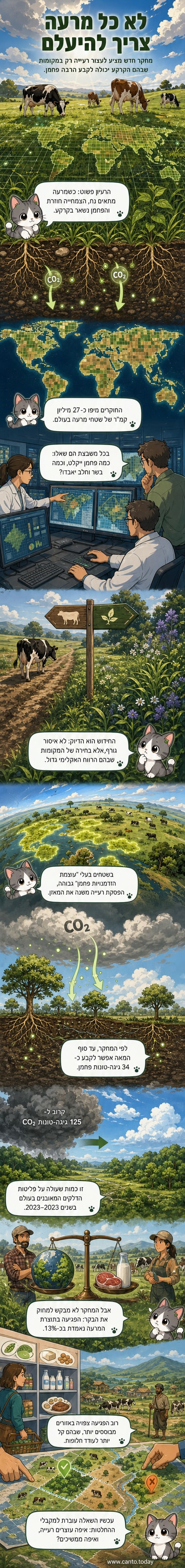 איור של פרות רועות באחו, עם רקע של שמיים כחולים וערבות. ציור אטמוספרי הממחיש את הקשר בין רעייה, קרקע ופליטת גזי חממה.
