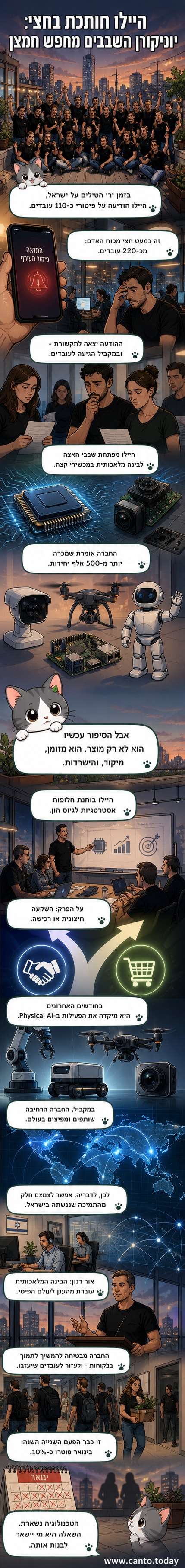 איור של שער עם שבב מרכזי וסמלוני עובדים עוזבים, ברקע של ענן בינה מלאכותית שנכנס למכשירי קצה כמו רחפנים ורובוטים