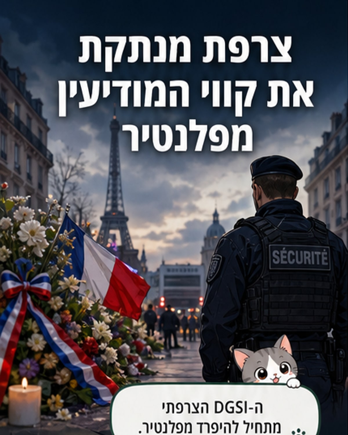 איור של שלט צרפתי על רק עירוני, עם חץ מפלנטיר לכיוון חברת Chapsvision, וסמלים של נתוני סייבר מעבר ביניהם