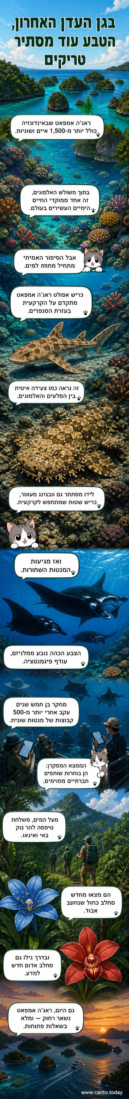 איים ירוקים ומים כחולים בהירים באינדונזיה, עם שונית אלמוגים תת-ימית וכריש קטן 'הולך' על הסלע, מנטה שחורה שוחה מעליו וסחלב אדום על הר.