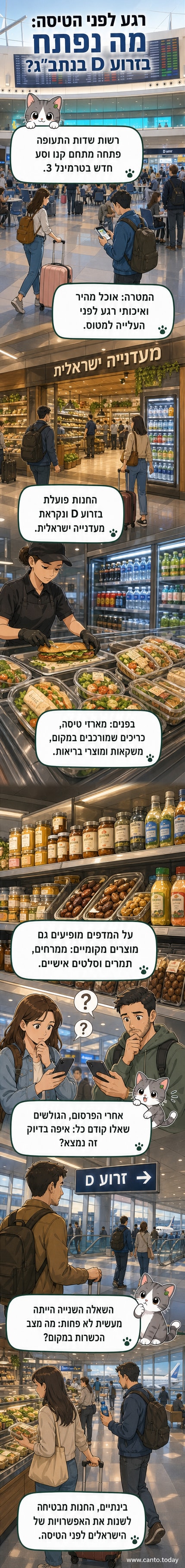 חנות חדשה של 'מעדנייה ישראלית' בטרמינל 3 בנמל התעופה בן גוריון, עם מדפים פתוחים ומקררים, מציגה מארזי טיסה וכרכרות בהכנה מקומית.