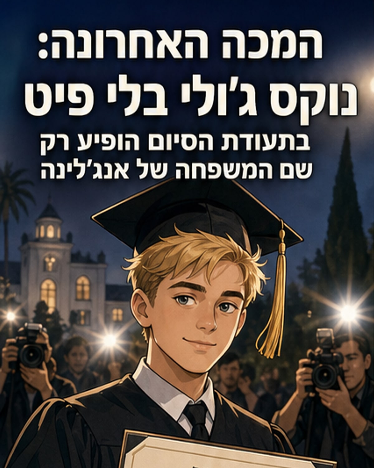 איור של נוקס ג'ולי עומד על במת תיכון, עם תעודה שרשומה בה שמו המלא 'נוקס ג'ולי', ברקע בני משפחה מחייכים