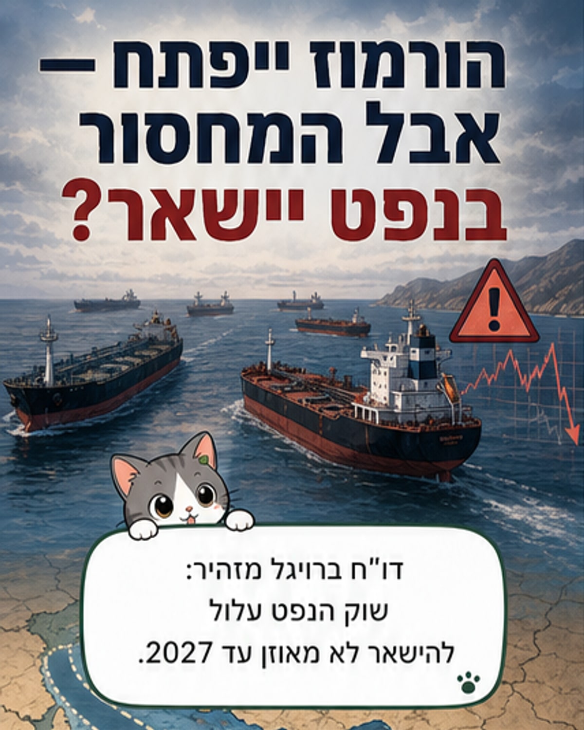מפה של מצר הורמוז עם ספינות נפט תקועות, וגרף יורד של אספקת נפט.