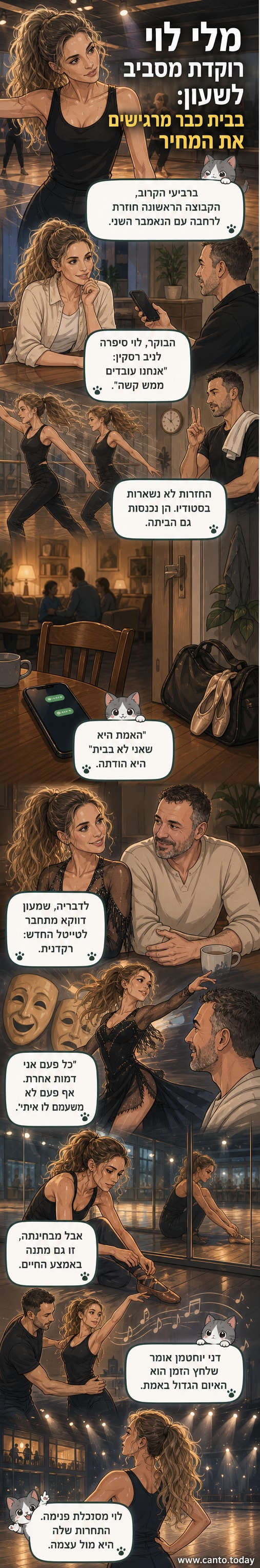 מלי לוי בלבוש ריקוד, עומדת על במה ריקה עם אורות מאירים עליה, מביטת קדימה במבט ממוקד.