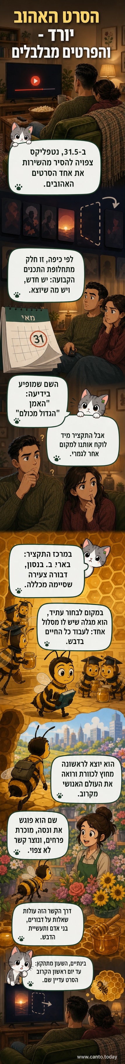 איור של הדבורה בארי ב. בנסון יושב על פרח, מביט החוצה מהכוורת, עם ערים רחוקות ברקע