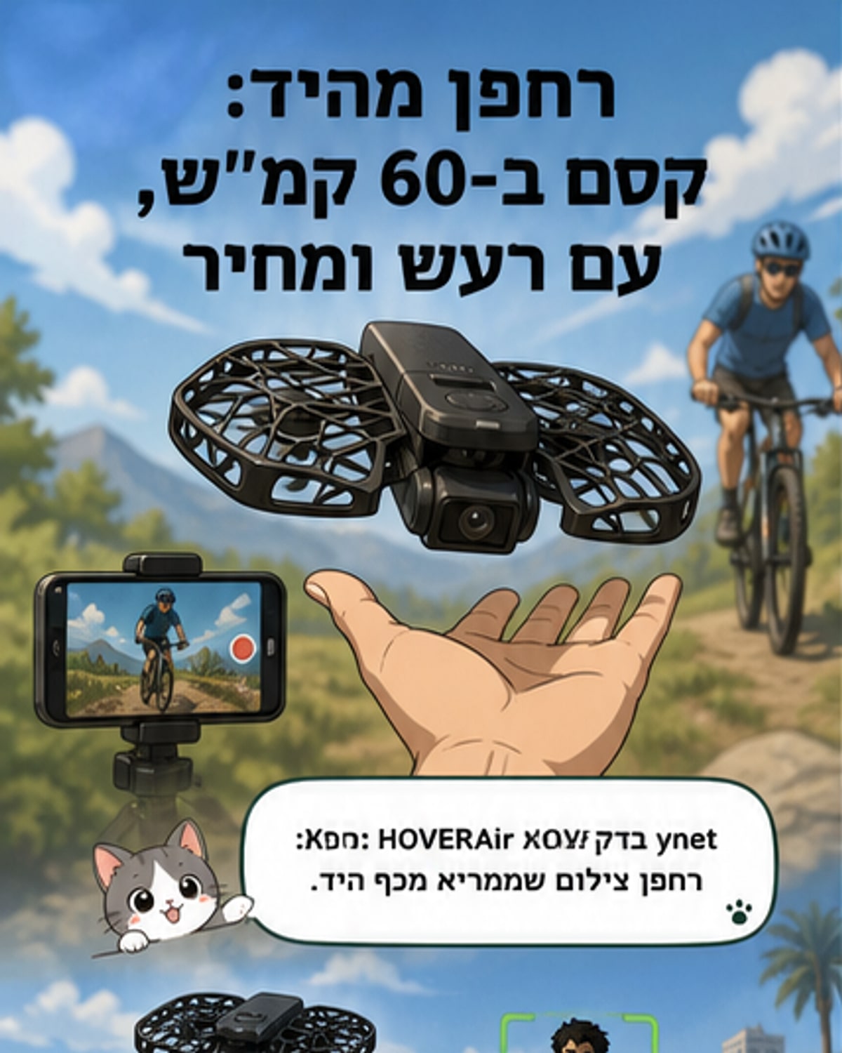 רחפן קטן בצורת תיבת פלסטיק עם להבים, מרחף מעל דשא, צופה מלמעלה.