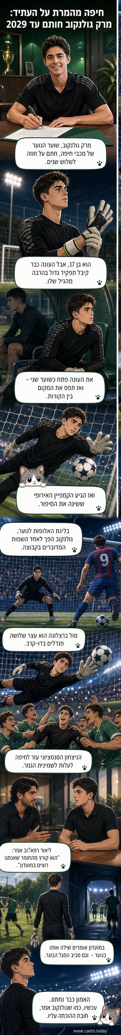 שוער צעיר של מכבי חיפה עומד על הדשא, לובש חולצה כחולה-לבנה עם מספר 1, מחווה יד לجماهير לאחר ניצחון.