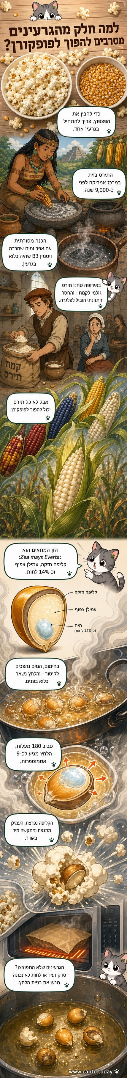 איור של גרגרי תירס לפני ואחרי ההתפוצצות, עם חתך פנימי שמראה את הקליפה, האנדוספרם והלחץ הפנימי.