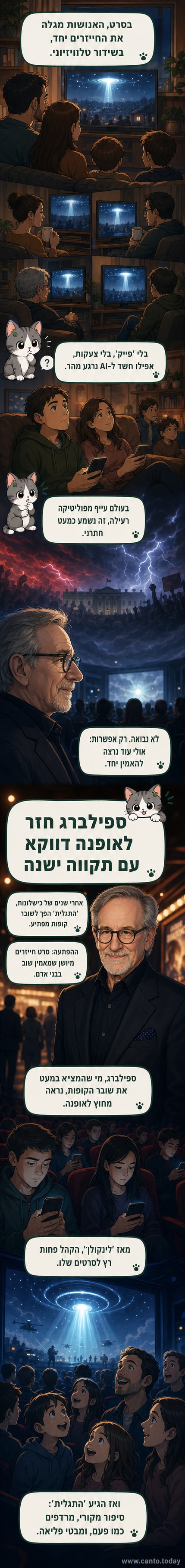 סтивן ספילברג מחייך לкамירה, מאחורי שולחן עריכה עם מסך מציג סצנות מ'התגלית'