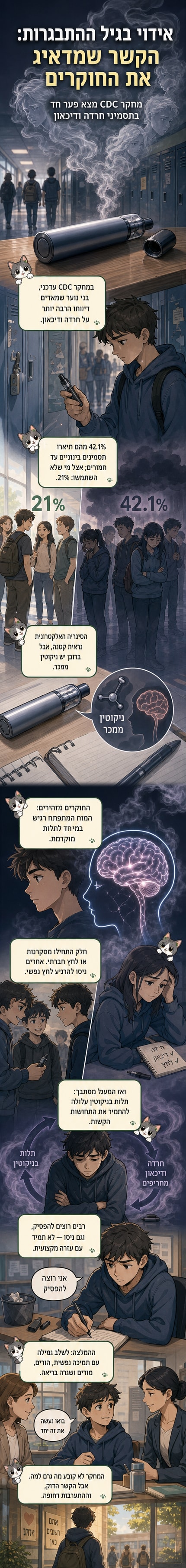איור של נער עם סיגריה אלקטרונית לצד דמות שמייצגת דיכאון וחרדה, עם גרף שמציג עלייה בשימוש ובתסמינים נפשיים.