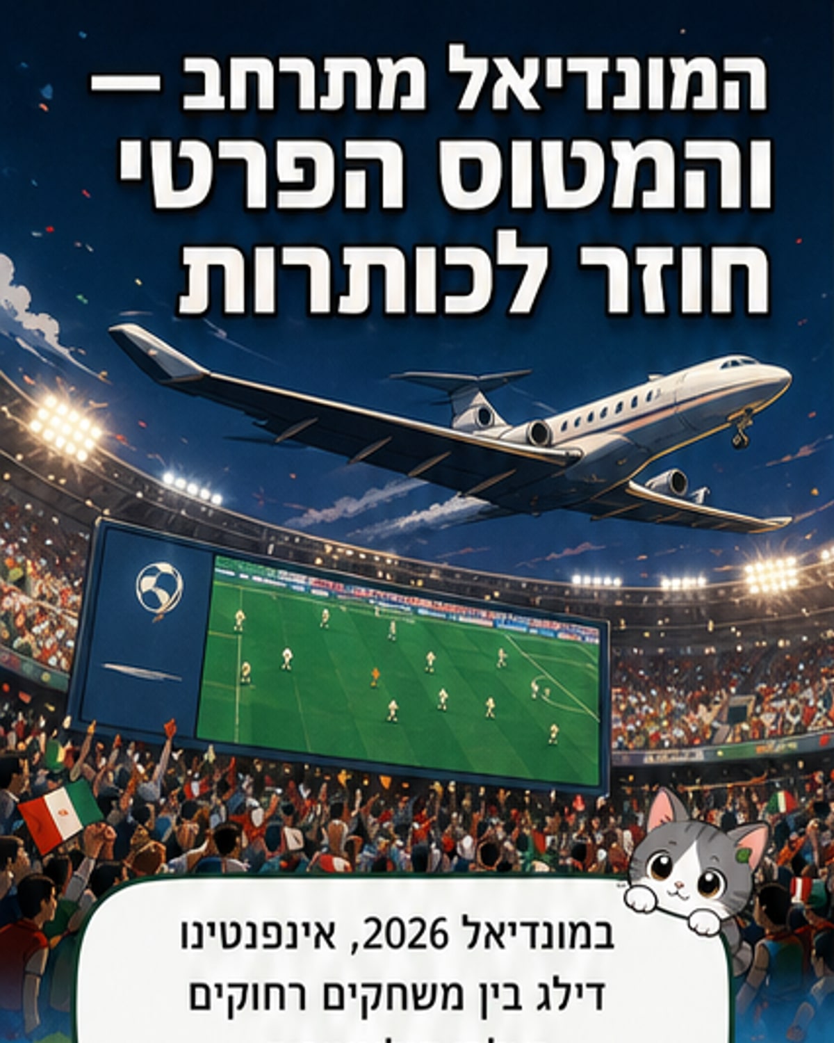 איור של מטוס פרטי טס מעל אצטדיון כדורגל, עם כתמים של פליטה סביבו, בהקשר לספורט וסביבה