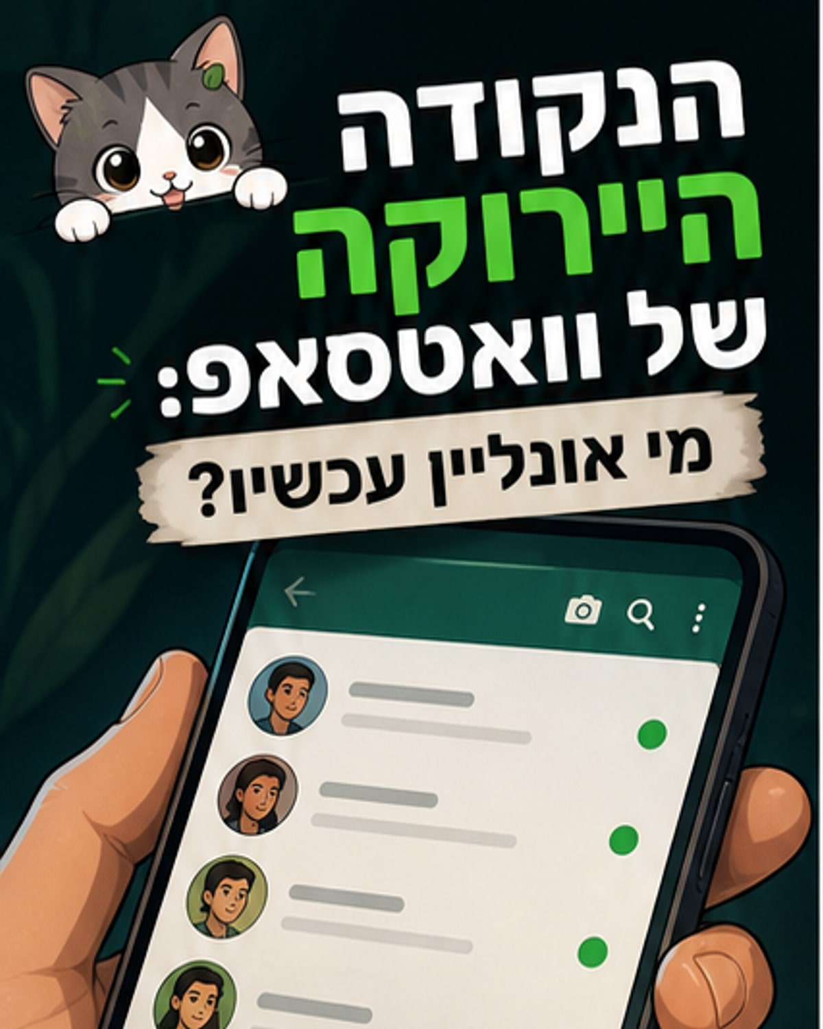 איור של מסך וואטסאפ עם נקודה ירוקה ליד שם איש קשר, שמסמנת שהוא מחובר כרגע.