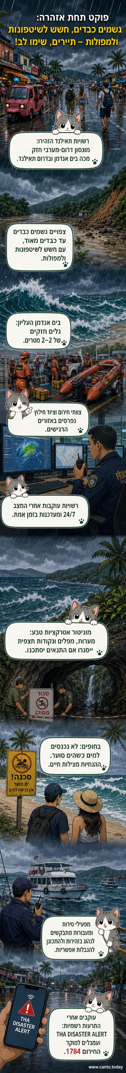 איור של שיטפון באזור טרופי עם גשמים כבדים, נהר מתפשט וסימני אזהרה על מדרון תלול