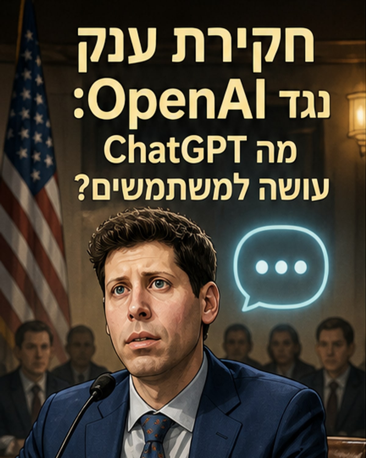 איור של לוח עם מסמכים וסמל ChatGPT, כאשר יד מניחה צו משפטי עליו, ברקע סמלים של בית משפט ומחשב.