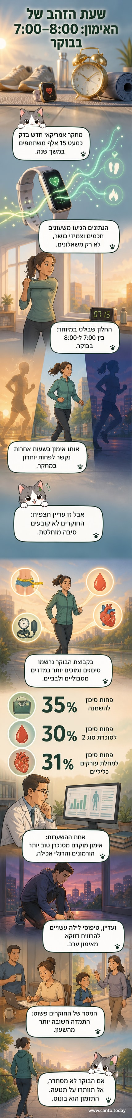 איור של שעון עצר על רקע של אדם רץ בפארק בשעות הבוקר המוקדמות, עם גרף קטן של ירידה בסיכון למחלות ברקע