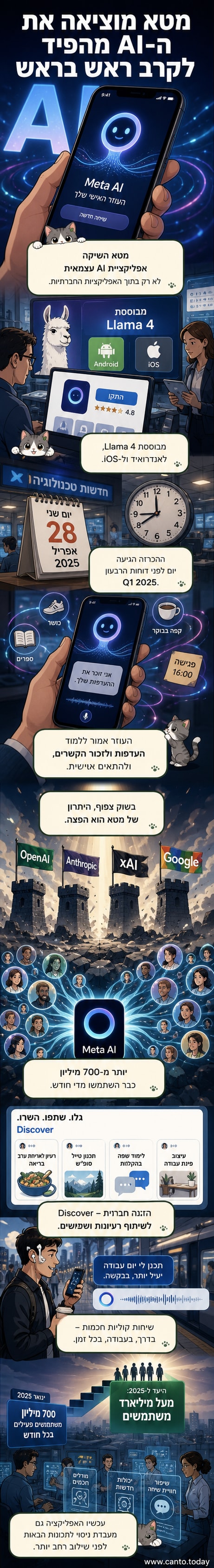 איור של מסך טלפון עם האפליקציה החדשה של Meta AI, לצד סמלים של שיחה קולית, שיתוף ורשתות חברתיות.